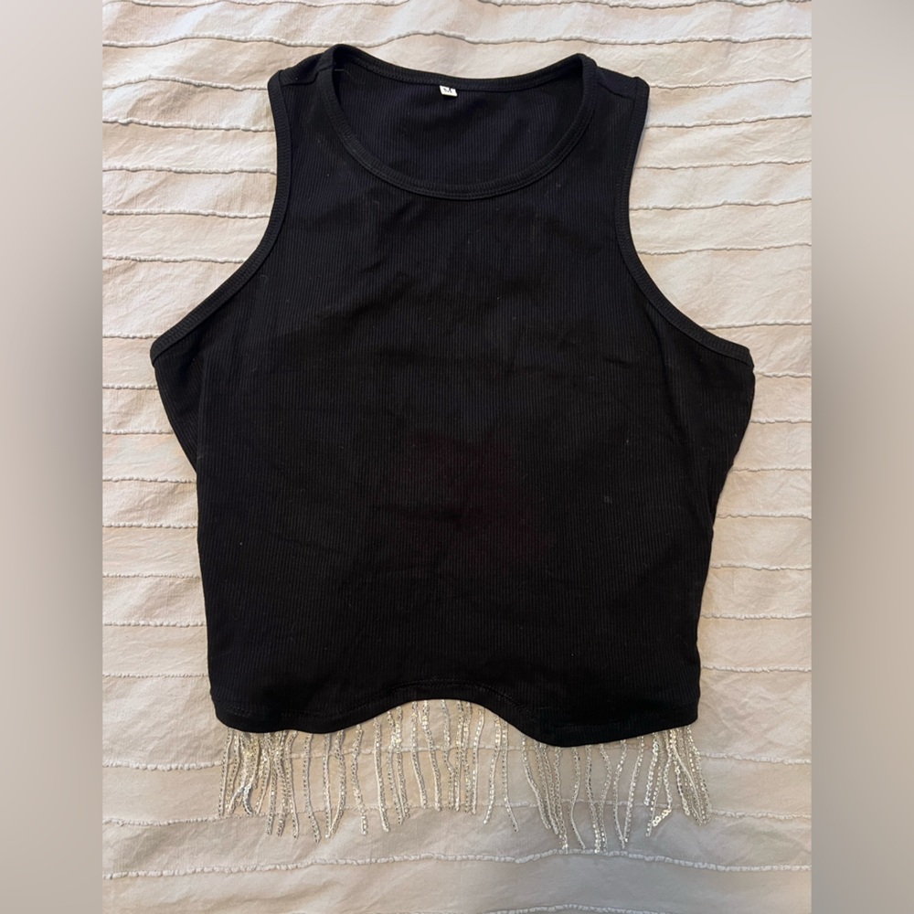Amazon Black Crop Top with Fringe